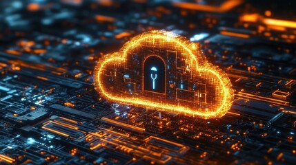 Glowing digital cloud icon with a security padlock symbol hovering over a complex futuristic circuit board emitting orange and blue lights