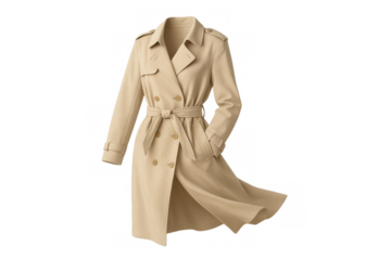 Beige trench coat with belt on transparent background, classic women's outerwear for fashion and style