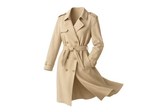 Beige trench coat with belt on transparent background, classic women's outerwear for fashion and style