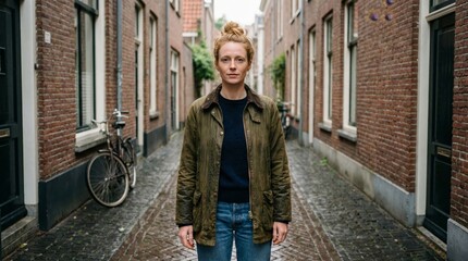Woman walking down a rainy historic European alleyway.