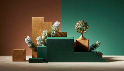 Stylish Christmas product scene with golden ornament and frosted pine branches, perfect for holiday marketing and festive promotions with elegant modern appeal