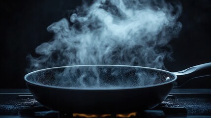 Close-up of a black frying pan on a lit stove with steam rising against a dark background, highlighting the heat and cooking process