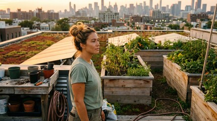 Woman tending rooftop farm at golden hour, peaceful accomplishment.