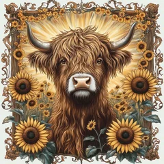 Canvas schilderij Schotse hooglander Detailed illustration of a highland cow with long curly hair and large horns surrounded by bright sunflowers and ornamental frame with golden decorative elements  © Ulyana