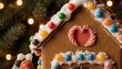 Festive Gingerbread House with Candy Decorations and Christmas Lights.
