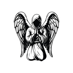 Black and white illustration of a kneeling angel with wings vector style