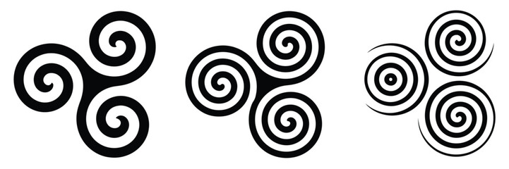 Celtic triskelion spirals over white, featuring triple spirals with two, three, and four turns, twisted and connected motifs, exhibiting rotational symmetry, isolated vector illustration