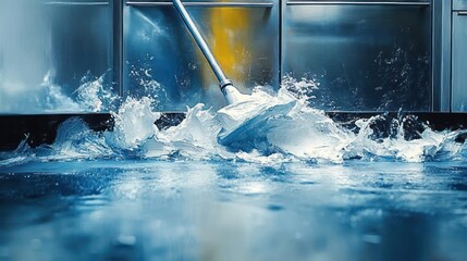 Close-up of a mop splashing water on a wet reflective floor with a metallic background, capturing dynamic movement and water droplets