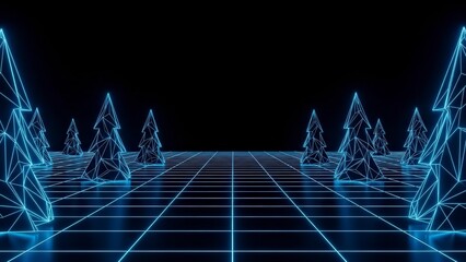 Futuristic Digital Forest with Neon Blue Wireframe Trees on a Grid Background.