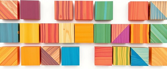 Vibrant wooden blocks form geometric patterns on white background,  rainbow,  colorful