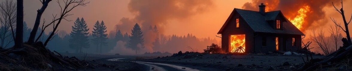 Fototapeta premium Blackened landscape, twisted metal, remnants of a home consumed by flames , burnt building, devastation