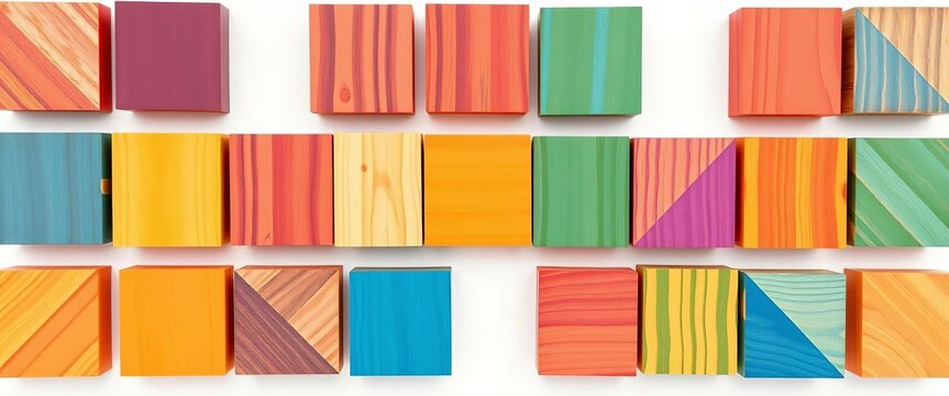 Vibrant wooden blocks form geometric patterns on white background,  rainbow,  colorful
