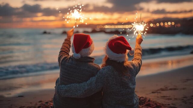 Couple in santa hats enjoying christmas eve at sunset on a tropical beach with sparklers - Powered by Adobe
