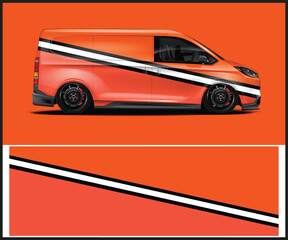 Orange delivery van with diagonal white stripe on a matching orange background