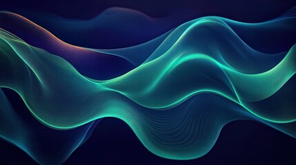 Flowing abstract waves of blue and green light ribbons on dark background conveying movement and fluidity