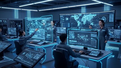 Futuristic control room with workers using advanced displays and interfaces, blue lighting - Powered by Adobe