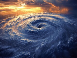 Swirling massive storm cloud formation with a dark vortex and dramatic golden sunlight breaking through the cloudy sky at the horizon