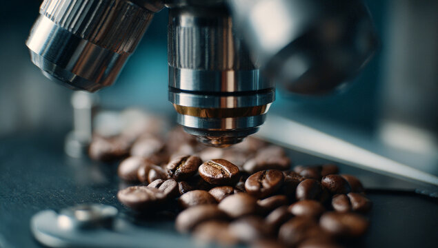 A metallic microscope eyepiece focusing on roasted coffee beans beneath, highlighting detailed textures and rich brown tones in a laboratory or industrial setting