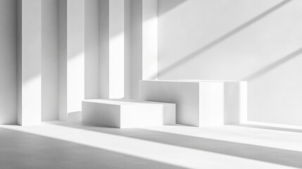Obraz premium Minimalist white room with geometric platforms illuminated by soft natural light and sharp shadows creating a serene and calm atmosphere