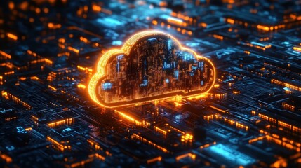 Glowing orange digital cloud icon on a futuristic blue and orange circuit board symbolizing cloud computing technology