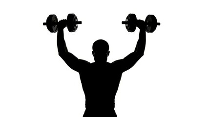 Silhouette of muscular man lifting dumbbells overhead against white background representing