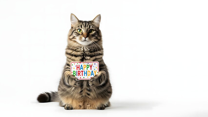 Cute cat in a party hat with a birthday poster on a flat white background.