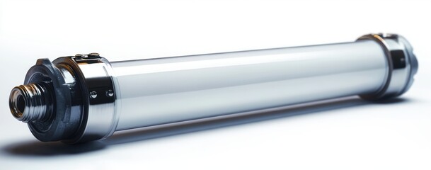 Close-up of a metallic cylindrical object with screw threads on one end and smooth surface under bright lighting