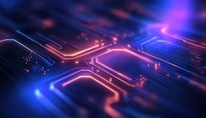 close-up of futuristic glowing circuit board with vibrant neon purple, pink, and blue light pathways and intricate electronic connections emitting a high-tech digital atmosphere