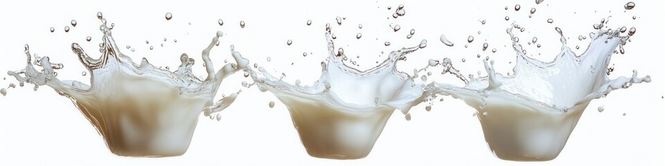 Obraz premium three sequential splashes of white liquid with droplets captured in mid-air on a white background