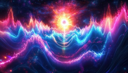 Vibrant digital landscape with neon waveforms and a radiant glowing orb against a cosmic starry background, evoking energy and futuristic atmosphere
