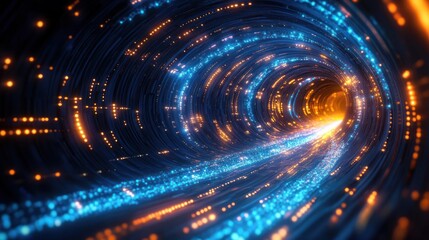 Obraz premium Bright glowing tunnel with swirling blue and orange lights creating a futuristic and dynamic energy flow