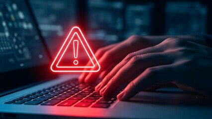 Urgent digital threat alert on laptop screen, highlighting cybersecurity risks and online data vulnerability