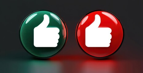 Two glossy buttons glowing on a dark surface each with a white thumbs up icon, one green and one red, symbolizing approval and disapproval