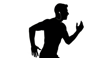 Silhouette of a male runner with earphones in action against white background