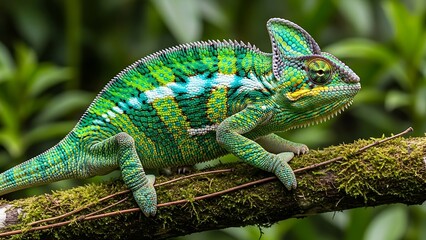 Vibrant green chameleon on mossy branch nature