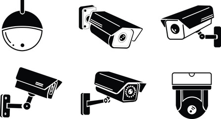 Security camera and CCTV icon set. Video surveillance system, digital recording, smart home protection, and dome cam vector collection.