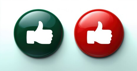 Two glossy circular buttons with white thumbs-up icons inside; one button is green and the other red, symbolizing approval and disapproval