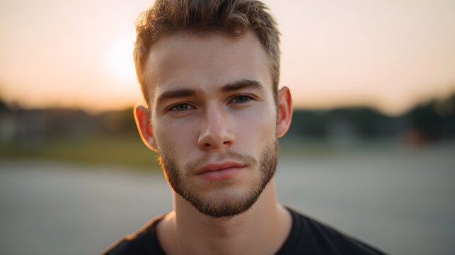 A young man with a serious expression looks into the during a warm golden hour sunset outdoors - Powered by Adobe