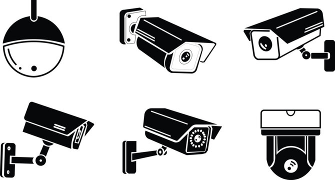 Security camera and CCTV icon set. Video surveillance system, digital recording, smart home protection, and dome cam vector collection.