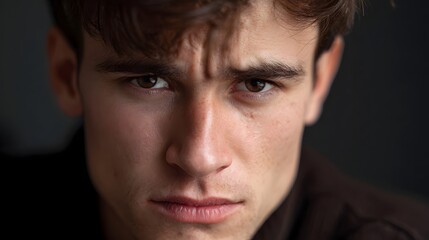 Close up portrait of a young man with a serious and intense expression furrowed brow and determined gaze