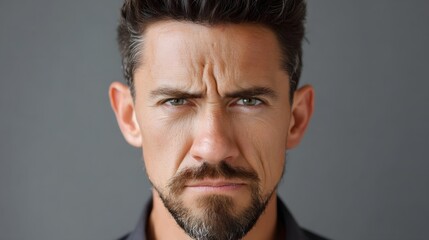 Fototapeta premium A man with furrowed brows and an intense serious expression set against a plain grey background