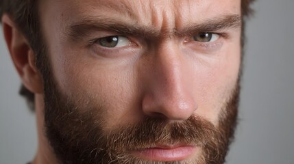 Obraz premium Close up portrait of a man with a serious expression furrowed brows and a beard