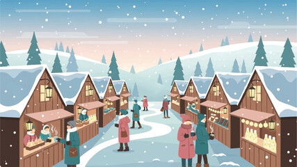 Fototapeta premium Winter Market Festival, Holiday Shopping, Snowy Landscape, Digital Illustration, Festive Atmosphere