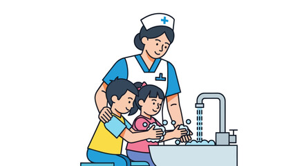 Nurse teaching children proper handwashing technique at sink.