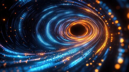 Abstract swirling tunnel with glowing blue and orange digital light patterns creating a sense of motion and depth
