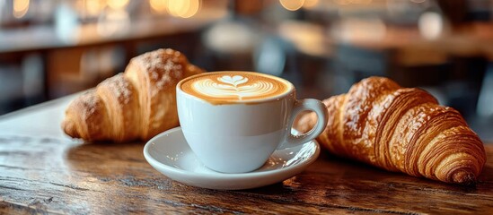 A white cup of cappuccino with latte art on wooden table with two golden brown croissants in a cozy cafe setting with blurred background lights