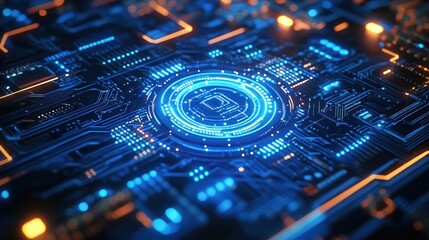 Close-up of a glowing blue and orange futuristic microchip or circuit board with intricate electronic pathways and digital elements emitting light in a high-tech environment