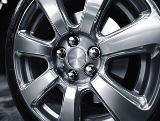 Obraz premium Close-up of a shiny chrome car wheel rim with visible lug nuts and reflective polished metal surface