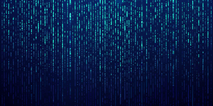 Abstract digital rain background with falling characters and blue gradient