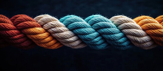 Close-up of a twisted multicolored rope with segments in shades of red, orange, beige, and blue against a dark background